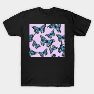 Blue Monarch Butterflies on Pastel Purple T-Shirt